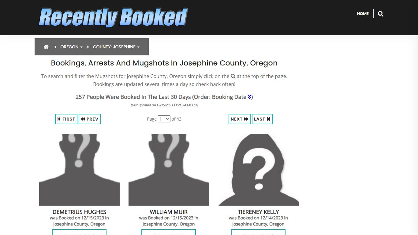 Bookings, Arrests and Mugshots in Josephine County, Oregon